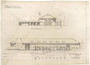 Gsaenger, Gustav; Friedrichshafen (Baden-Württemberg); Zeppelin - Museum - Pergola an der Magaretenstr., Fassaden, Südost- u. Südwestseite (Ansichten); Pergola (Fundamentplan)