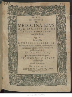 Disputatio De Medicina, Eiusque Partibus, Et Methodo Procedendi in disciplinis