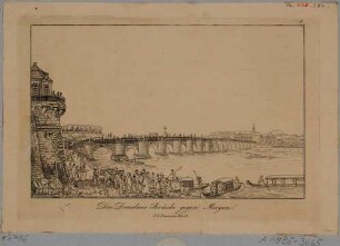 Die Elbbrücke (alte Augustusbrücke, 1727-31 von Pöppelmann) in Dresden, Blick vom Ausschiffungsplatz unterhalb der Brühlschen Terrasse nach Nordwesten auf die Neustadt