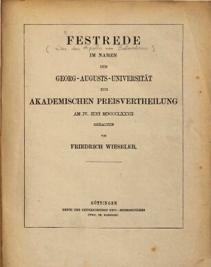 Festrede (über den Apollo von Belvedere) : im Namen der Georg-Augusts-Universität zur akademischen Preisvertheilung am IV. Juni 1877 gehalten von Friedrich Wieseler