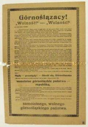 Zweisprachiger Sonderdruck zur Volksabstimmung in Schlesien mit der Forderung nach einem "selbständigen, oberschlesischen Freistaat"