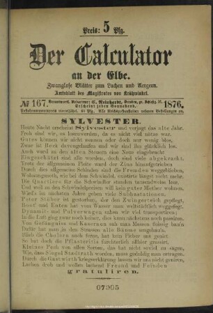 4/5.1876=Nr.167/219: Der Calculator an der Elbe : zwanglose Blätter zur Unterhaltung; Amtsblatt von Krähwinkel