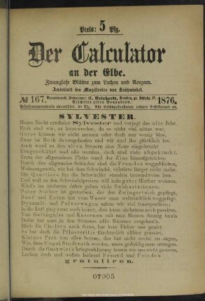 4/5.1876=Nr.167/219: Der Calculator an der Elbe : zwanglose Blätter zur Unterhaltung; Amtsblatt von Krähwinkel