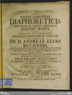 Dissertatio Inauguralis Medica, De Medicamentis Diaphoreticis Eorumque In Corpus Humanum Agendi Modo