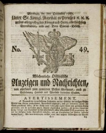 No. 49. Montags, den 7ten December 1767.