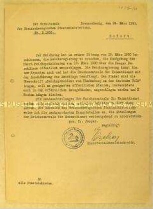 Rundschreiben des Vorsitzenden des Braunschweigischen Staatsministeriums an alle Staatsbehörden über den öffentlichen Aushang eines Plakates mit einer Hindenburg-Rede
