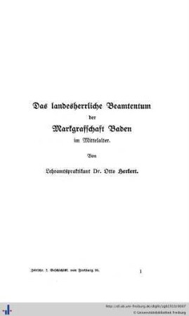 Das landesherrliche Beamtentum der Markgrafschaft Baden im Mittelalter.