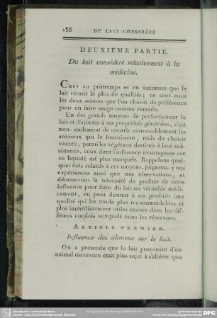 Deuxième Partie. Du lait considéré relativement à la médecine
