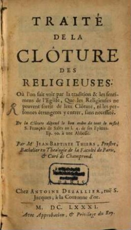 Traité de la cloture des Religieuses