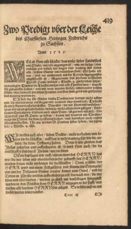 Zwo Predigt uber der Leiche des Churfürsten Hertzogen Friderichs zu Sachssen. Anno 1525.