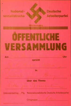 Versammlung der NSDAP-Ortsgruppe Achern: Hitler zum Bauerntum (in Fautenbach)