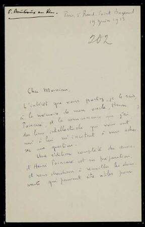 Nr. 1: Brief von Pierre Léon Boutroux an Felix Klein, Paris, 19.6.1913