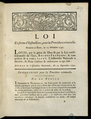 1-79, Loi En forme d'Instruction, pour la Procédure criminelle.