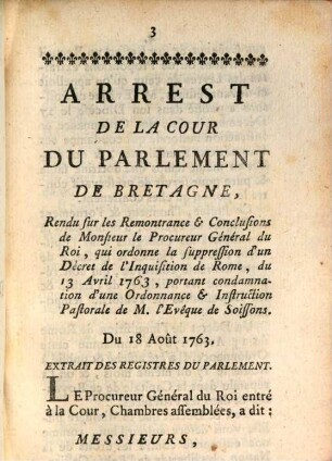 Arrest de la cour du Parlement de Bretagne ... qui ordonne la suppression d'un Décret de l'Inquisition de Rome : du 13. Avr. 1763