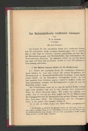 Zur Molekulartheorie verdünnter Lösungen.