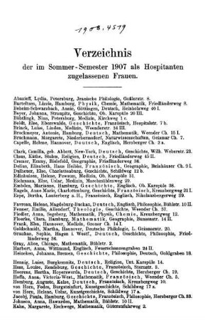 Verzeichnis der im Sommer-Semester 1907 als Hospitanten zugelassenen Frauen.