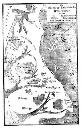 Das schleswig-holsteinische Wattenmeer mit den Austernbänken Stromrinnen und Tiefen in Metern.