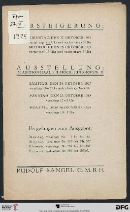 Versteigerung: Dienstag, den 27. Oktober 1925, Mittwoch, den 28. Oktober 1925