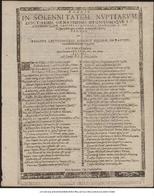 Elegia In Solennitatem Nuptiarum Doctissimi, Ornatissimi, Dignissimique I. U. Candidati, Dn. Caspari Ludwigeri, Clarissimi V. Dn. Caspari ÖLudwigeri, relicti F. Avunculi colendi, Et ... Virginis Helenae, Dn. Bartholomaei Seiffardi relictae F. Sponsae: Celebratarvm Halae Saxonum I.I X. Kl. M. Xbr. An. 1601. Script6a A Carolo D. C. F. Steinbachio