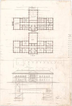 Voit, August von; Schule mit Turnsaal - Grundriss EG, Grundriss 1. OG, Ansicht