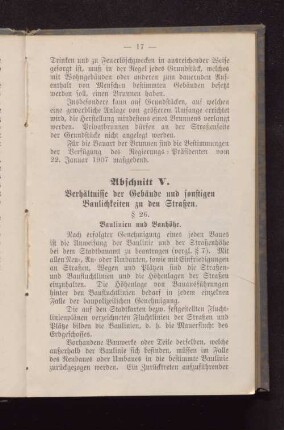 Abschnitt V. Behältnisse der Gebäude und sonstigen Baulichkeiten zu den Straßen.