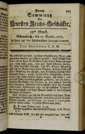 15tes Stuck. Schwabach, den 15. Martii, 1757.