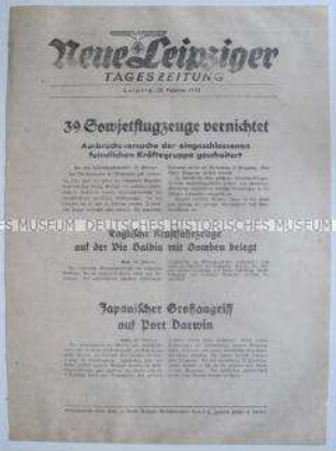 Extrablatt der "Neuen Leipziger Tageszeitung" zu Kämpfen an der Ostfront und dem japanischen Luftangriff auf Port Darwin