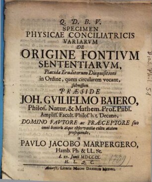Specimen Physicae Conciliatricis Variarvm De Origine Fontivm Sententiarvm