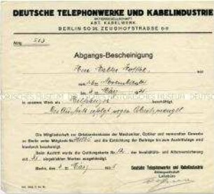 Bescheinigung über die Entlassung eines Arbeiters "wegen Arbeitsmangel"
