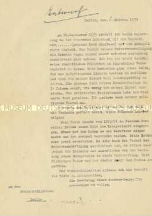 Entwurf eines Schreibens einer ehemaligen Postangestellten an die Oberpostdirektion mit der Bitte um ein "Gnadenruhegehalt" - Familienkonvolut