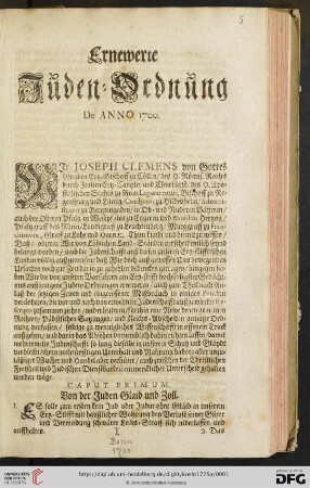 Wir Joseph Clemens von Gottes Gnaden Ertz = Bischoff zu Coell:n / des H. Roemis. Reichs durch Italien Ertz = Cantzler und Churfuerst