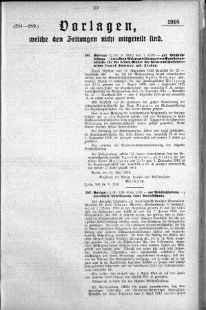 Anlage: (281-289), Vorlagen, welche den Zeitungen nicht mitgeteilt sind, 08. Juni 1918