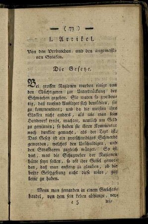 I. Artikel. Von den Verbrechen, und den angemessenen Strafen. - V. Artikel. Von Selbstmorde.