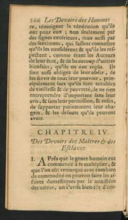 Chapitre IV. Des Devoirs des Maitres & des Esclaves.