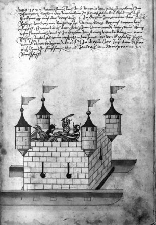 Schembarthandschrift (Texte und Bilder zum Nürnberger Fastnachtswesen) — Bildseite: Glücksrad (Umzugswagen Anno 1523)
