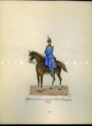 Uniformdarstellung, Offizier der Kommissariats-Train-Kompanie zu Pferd, 1859. Aus: Sammelmappe "Sachsens Militär", Königliche Arsenalsammlung.