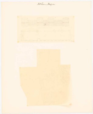 Römische Festung Babylon, Alt-Kairo und Lageplan Alt-Kairo (?): Perspektivische Ansicht und Grundriss der Festung, Maßstabsleisten (Nach- oder Durchzeichnung nach Pococke, I, 9), Lageplan der Stadt?