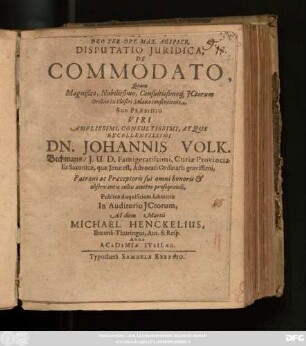 Disputatio Iuridica, De Commodato