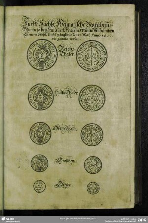 Fürstl: Sächs: Weimarische Begräbnus-Müntze, so bey dem Fürstl. Freulein, Freulein Wilhelminen Eleonoren Fürstl. Leichbegängnüs den 20. May Anno 1653. ausgetheilt worden