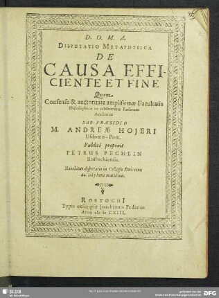 Disputatio Metaphysica De Causa Efficiente Et Fine