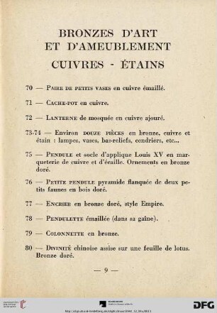 Bronzes d'art et d'ameublement - Cuivres - Étains (Nr. 70-88)