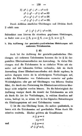 b. Die Auflösung der gemischt-quadratischen Gleichungen mit mehreren Unbekannten. § 40.