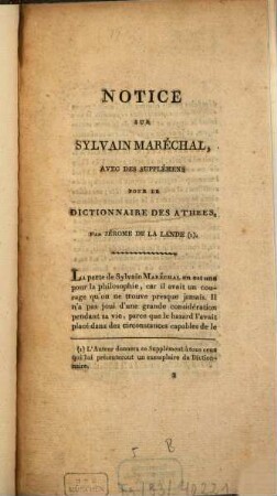 Notice sur Sylvain Maréchal : avec des supplémens pour le Dictionnaire des athées