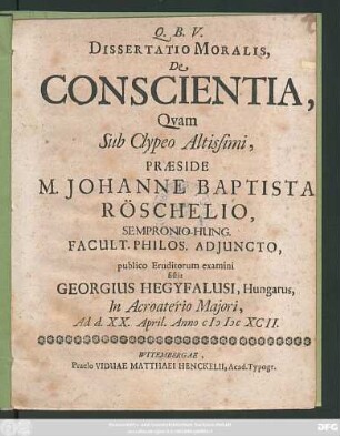 Dissertatio Moralis, De Conscientia