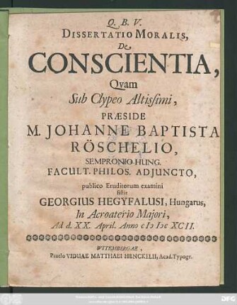 Dissertatio Moralis, De Conscientia