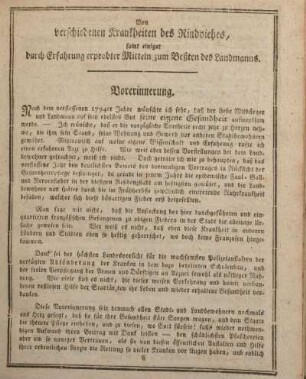 Von verschiedenen Krankheiten des Rindviehes, samt einiger durch Erfahrung erprobter Mitteln zum Beßten des Landmanns.