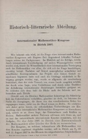 Historisch - litterarische Abteilung. Internationaler Mathematiker - Kongress in Zürich 1897.
