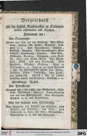 Verzeichniß, wie die kaiserl. Reichsposten zu Salmansweiler ankommen und abgehen