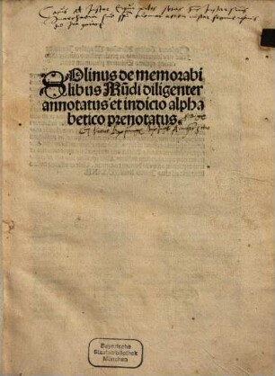Solinus de memorabilibus mundi : diligenter annotatus et indicio alphabetico prenotatus