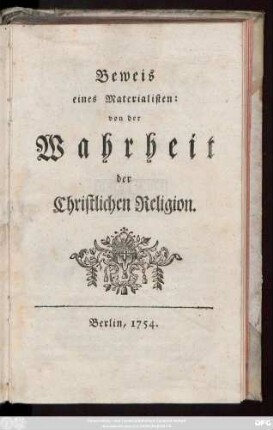 Beweis eines Materialisten: von der Wahrheit der Christlichen Religion